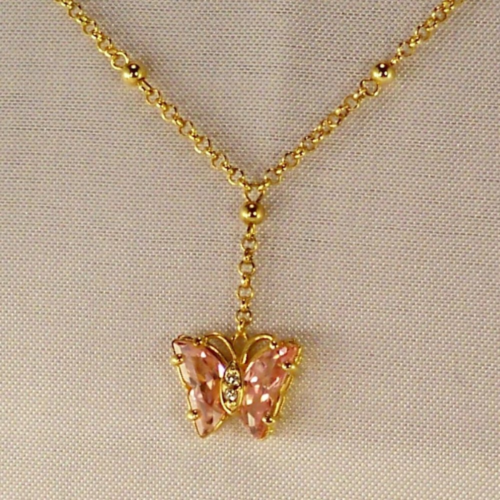 NEW Pink Butterfly Cubic Zirconias Gold Designer Necklace